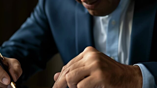 Professional Business Environment Person in Suit Signing Document at Wooden Desk, Focusing on Hand Holding Pen, Conveying Importance and Formality in Serious and Focused Atmosphere
