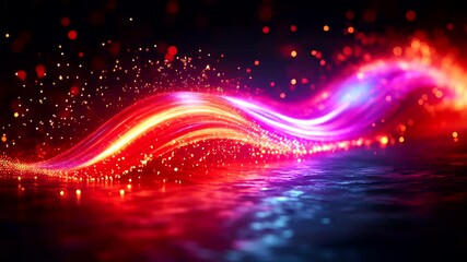 Abstract Particle Wave Flowing with Red and Blue Light Reflections on Water Surface - Powered by Adobe