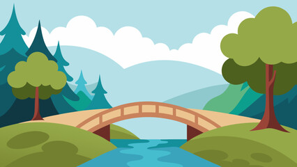 Cartoon Forest Bridge Over Stream with Misty Background