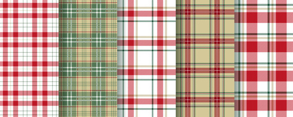 Plaid seamless pattern. Christmas checkered backgrounds. Set gingham textures. Tartan red green print. Flannel shirt textile. Lumberjack fabrics. Vichy backdrop. Scrapbook design. Vector illustration