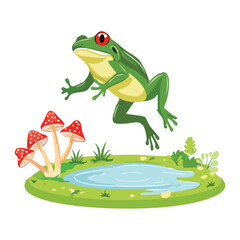 Happy Frog Jumping Over Pond with Mushrooms