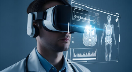 Medical expert engages with futuristic virtual reality displaying detailed human anatomy and health insights.