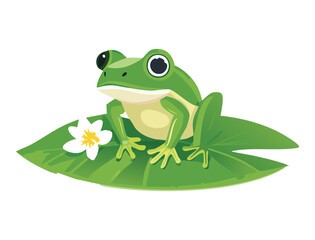 Cute Frog on Lily Pad with White Flower