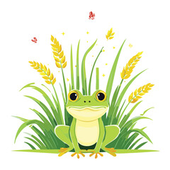 Sweet Frog Among Grass and Butterflies