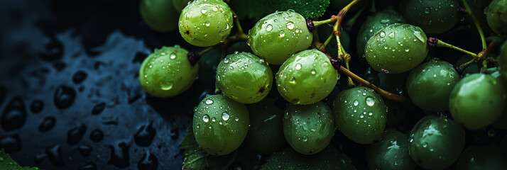 Fresh green grapes glistening with water droplets, showcasing their juicy allure for a healthy snack or dessert