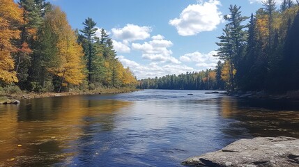 Obraz premium Serene autumnal river scene, vibrant foliage reflecting on calm water under a partly cloudy sky