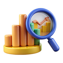 3d financial growth analysis with magnifying glass isolated on transparent background