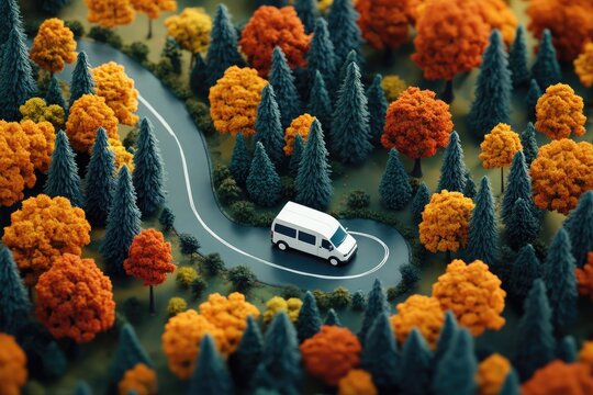 High-angle view of a white van on a winding road through a colorful autumn forest (1)