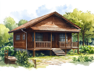 Charming wooden cabin with front porch is nestled in lush green forest, surrounded by trees and clear blue sky. rustic structure exudes peaceful and inviting atmosphere