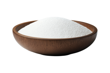 Natural White Flour Poured Generously into a Round Wooden Bowl Isolated on a Transparent Background