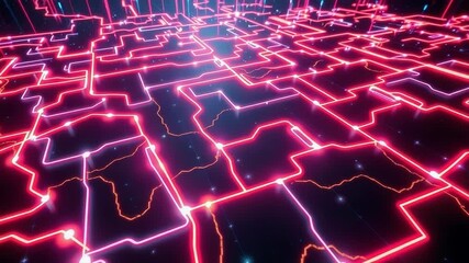 An intricate network of glowing red and pink digital circuits forms a futuristic data grid - Powered by Adobe