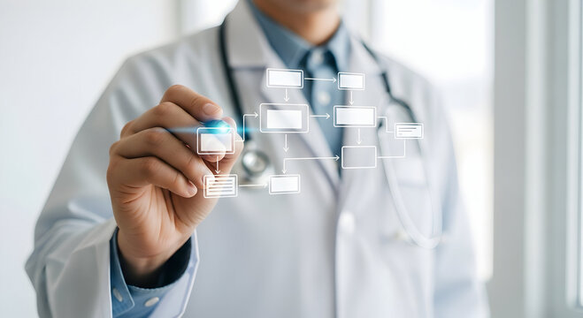 Medical professional interacts with a glowing virtual flowchart, illustrating data management and digital healthcare processes.