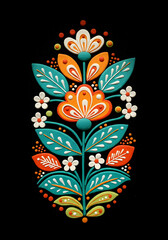 Vibrant Folk Art Floral Design Teal Orange White
