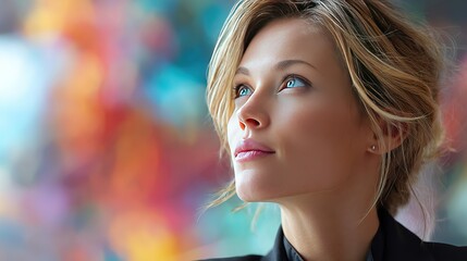 Obraz premium Young blonde woman with blue eyes gazes upward with thoughtful expression against vibrant blurred background