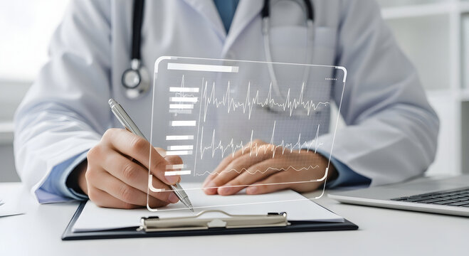 Medical expert meticulously analyzes digital health data on a futuristic transparent screen, blending tradition with innovation.