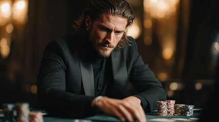 Man in dark suit plays poker with stacks of chips on  green felt table
