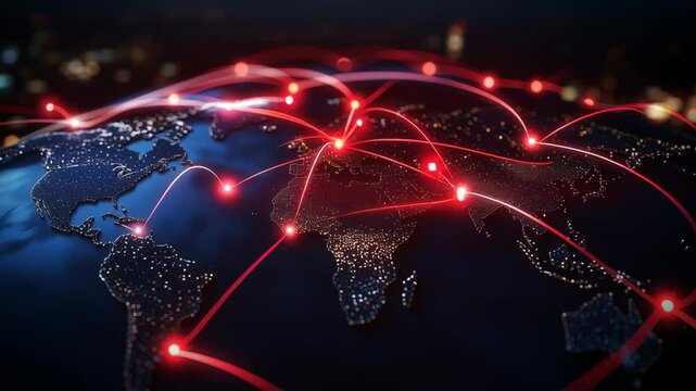 Digital Representation of Global Connectivity Illuminated Earth with Glowing Red Lines Linking Continents, Symbolizing International Communication, Data Exchange, and Network Across Continents