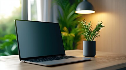 Modern workspace with laptop and indoor plant