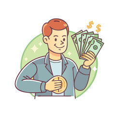 Man with money in his hand. Money mascot vector illustration vintage design