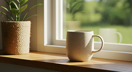 Obraz premium Morning Coffee Sunlight Windowsill Plant Cozy Home