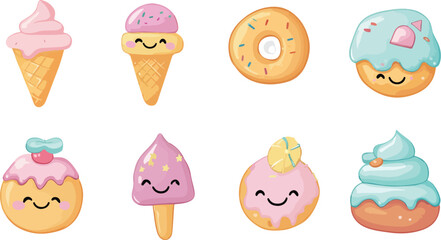 Cute Kawaii Dessert Set with Smiling Faces on White Background Illustration