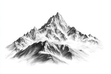 Majestic snow capped mountain peaks piercing the sky shrouded in ethereal mist in white background. Generative Ai