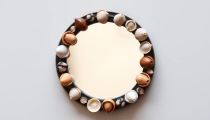 Obraz premium Circular mirror with decorative border of various objects on a plain grey background