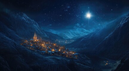 Snowy mountain village at night, glowing with light.  Starry sky and bright celestial body