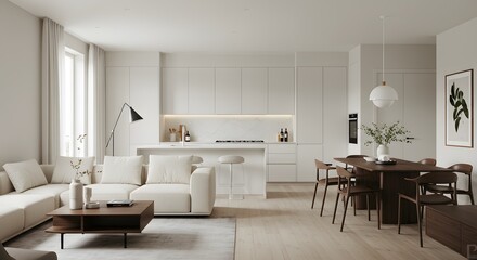 Fototapeta premium Modern Minimalist Apartment Interior Design with Kitchen and Living Room