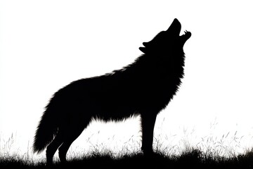A lone wolf howling at the moon s call in the night silhouette on a stark white in white background. Generative Ai