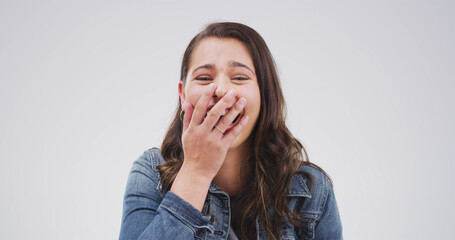 Laughing, happy and portrait of woman in studio with comedy, joke or silly humor for good mood....
