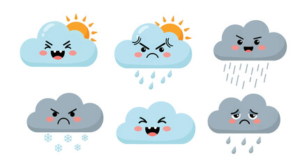 Weather forecast characters expressing different emotions, including happy, sad, angry, and snowy days