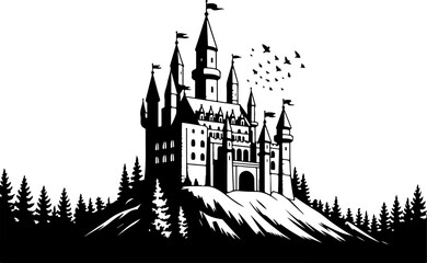 Fototapeta premium Ancient Haunted Castle Silhouette – Vector Illustration on White Background