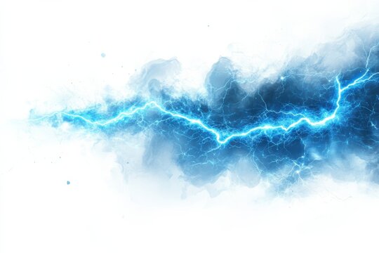 Electrifying blue bolt of energy crossing a stormy sky with wispy vapor trails in white background. Generative Ai