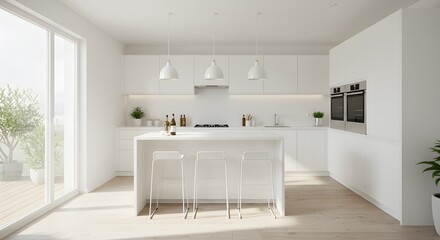 Fototapeta premium Modern Minimalist White Kitchen Interior with Island
