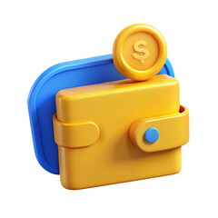 3d yellow wallet with gold coin isolated on transparent background
