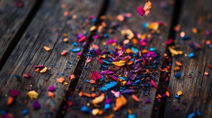 Fototapeta premium Colorful pencil shavings scattered on a dark wooden surface.