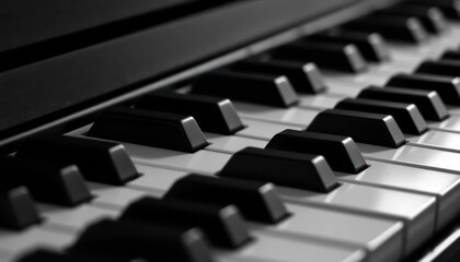 Close-up black and white image of a piano keyboard and keys composition