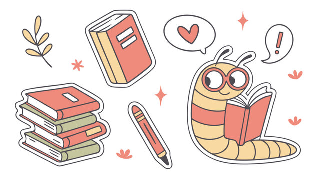 Cute cartoon bookworm character wearing glasses reading a book with a stack of books and a pencil on a white background perfect for educational themes
