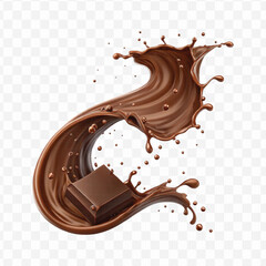 realistic 3d chocolate fluid splash flow with drops, bubbles  in curve style isolated on transparent background