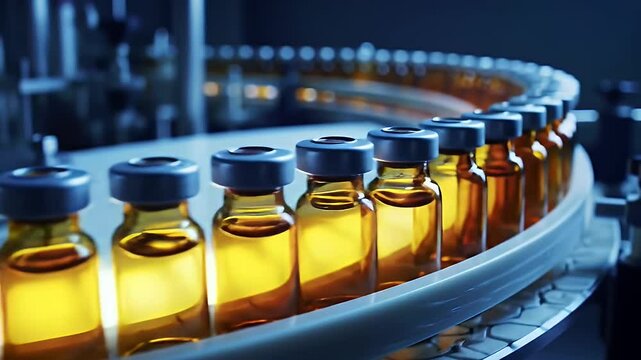Automated Conveyor with Amber Liquid Filled Vials Moving Through a Manufacturing Plant Production Line Under Blue