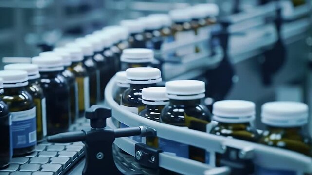 Brown Bottles with White Caps Move on Conveyor Belt in Pharmaceutical Factory for Automated Production