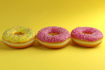 Three colorful donuts with sprinkles on a bright yellow background, ideal for dessert promotion