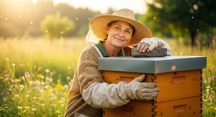 Woman beekeeper in a protective suit and hat embraces a wooden beehive, a symbol of sustainable agriculture