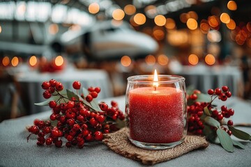 Warm candlelight glows softly amidst festive decorations and hol
