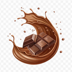 realistic 3d chocolate fluid splash flow with drops, bubbles  in curve style isolated on transparent background