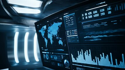 Futuristic Data Visualization: Global Network Monitoring System Displays Real-time Analytics and World Map with Detailed Charts and Graphs - Powered by Adobe