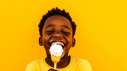 Young boy enjoying ice cream with a joyful smile against a vibrant yellow background on a sunny day