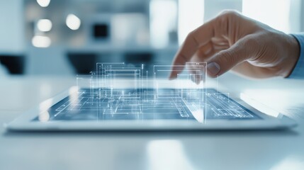 Engineer architect tablet concept. A hand interacts with a digital architectural model on a tablet screen.
