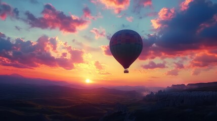 Hot air balloon travel adventure at sunrise over scenic landscape with colorful sky, inspiring aerial view of vibrant horizon and peaceful morning journey above nature
